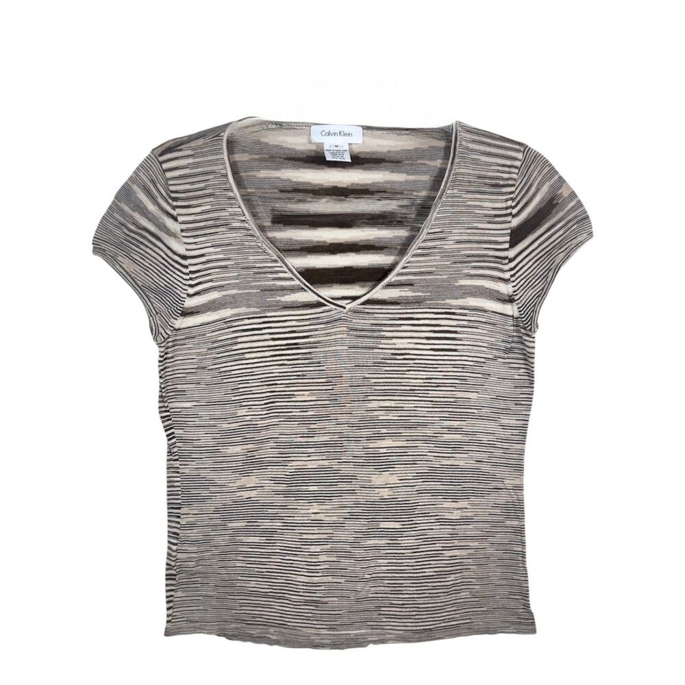 Vintage Calvin Klein Ikat Stripe Knit V-Neck Top Womens M Hong Kong